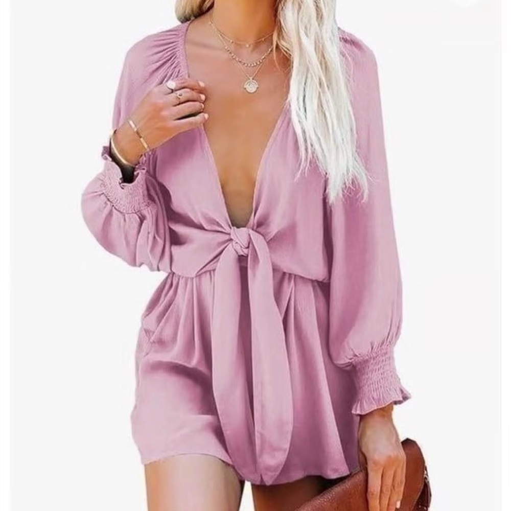 Chic Pink Tie-Front Romper Womens Large